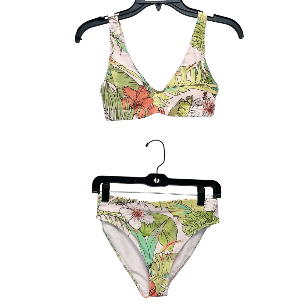 Berry Jane Women's Pink Tropical Floral High Waisted Bikini Swim Set Size Small